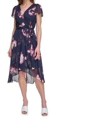 DKNY Dress Womens 16W Blue Faux Wrap Floral Print Flutter Sleeve Tie Waist.